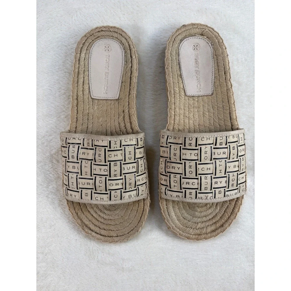 Tory Burch Beige Woven Ribbon Logo Espadrille Slide Sandals Womens 7 Excellent